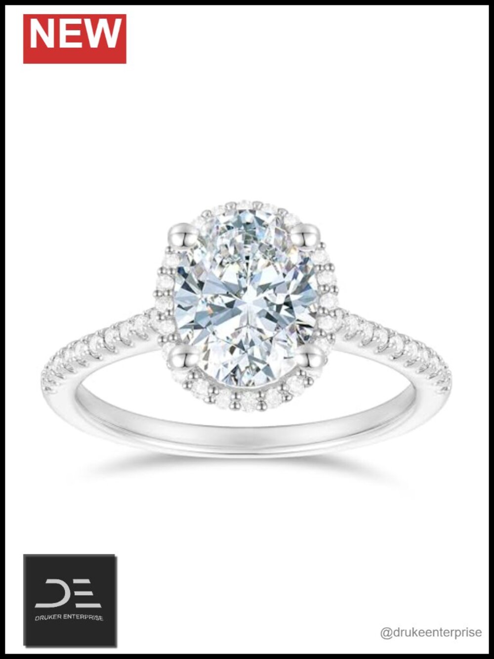 14K White Gold Oval Cut Moissanite Halo Engagement Ring 2 Carat